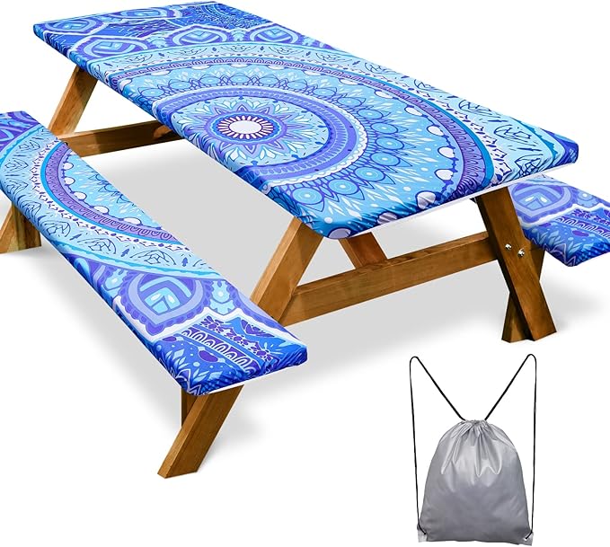 Picnic Table Cover with Bench Covers 6FT 3 Pcs Waterproof Windproof Aesthetic Camping Tablecloth with Drawstring Bag, Fitted for 6 Foot Rectangle Tables and Seats, 72 inch, Light Blue Purple