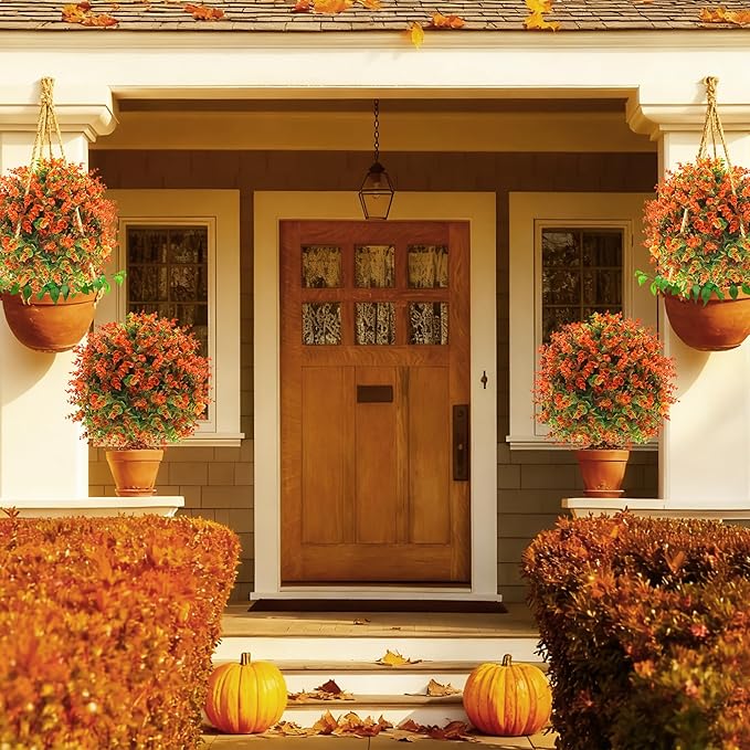 28" Artificial Fall Flower Bushes with Ground Stakes – Artificial Topiary Tree with Eucalyptus Orange Faux Floral Plants with Autumn Leaves for Outdoor Thanksgiving, Garden, Pathway, Porch Décor