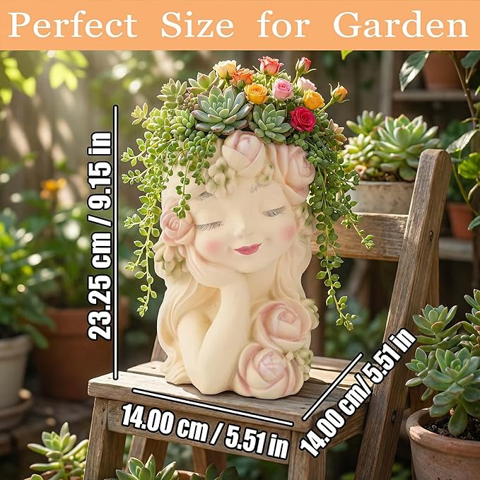 Decorative Garden Fairy Head Planter - Resin Flower Pot, Succulent Planter Holder, Tall Face Planters Pots, Phrenology Head Bust, Unique Planter Pot Sculpture, Elegant Home & Patio Decor