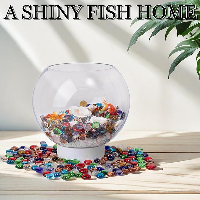 1LB Mini Glass Gems,Mixed Colour Mancala Stones Flat Bottom Marble Beads for Home Decorative Art Craft Vase Filler(0.5"~0.7")