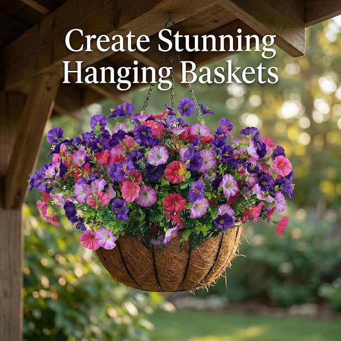 12Pcs Artificial Outdoor Flowers for Outdoors, Faux Silk Realistic Morning Glory Floral Arrangement Planter UV Resistant for Porch Patio Window Box Balcony Garden Decor (12pcs Mixed Purple)