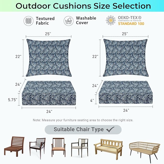 Outdoor Cushions for Patio Furniture,Outdoor Seat Cushion Set 24 x 24 x 5.75 Inch,Waterproof & Fade Resistant Outdoor Chair Cushions,Deep Patio Chair Cushion with Removable Cover,Green Paisley