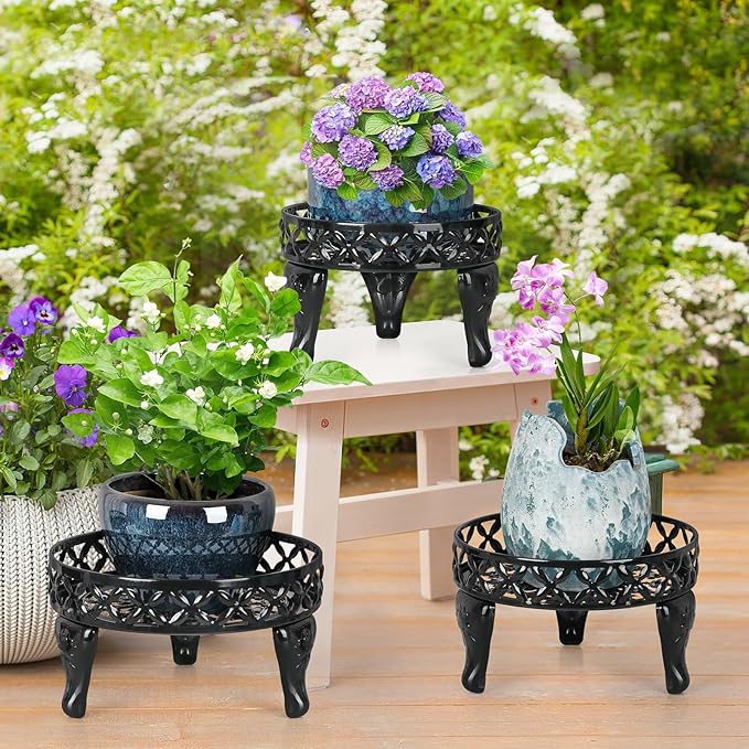 3 Pack Metal Plant Stands Indoor Outdoor,Heavy Duty Iron Flower Pot Stand for Multiple Plants,Rustproof Low Round Plant Holder for Garden,Patio,Home