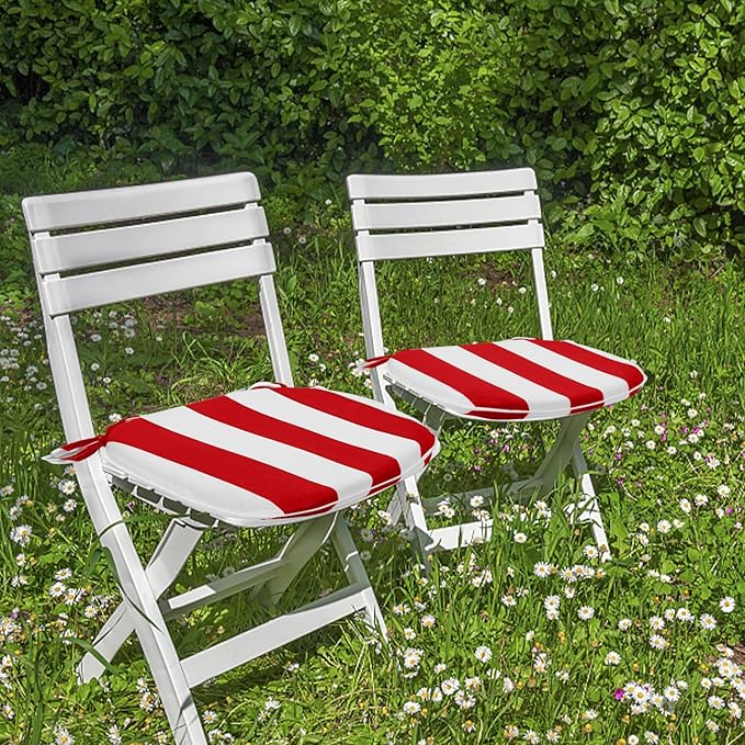 SleepMan Outdoor 17"x16" Chair Cushions with Ties Set of 8, Water Resistant All Weather U-Shape Seat Pads for Patio Garden Furniture Indoor Fade Resistant Patio Cushions (Red Stripe)