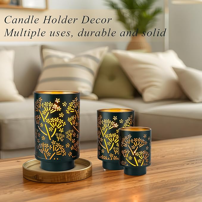 JHY DESIGN Set of 3 Metal Candle Holders 7.5“H Green Hurricane Pillar Candleholder Vintage Table Candlestick Holders Great Centerpieces for Home Decor Wedding Parties Events