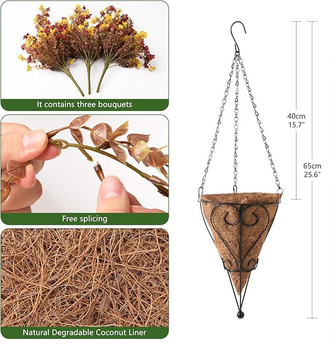Fall Artificial Faux Mums Hanging Flowers Plants Basket for Outdoor Decoration,Fake Silk Daisy planters UV Resistant Look Real for Home Porch Patio Balcony Yard Autumn Decor (Yellow Brown)