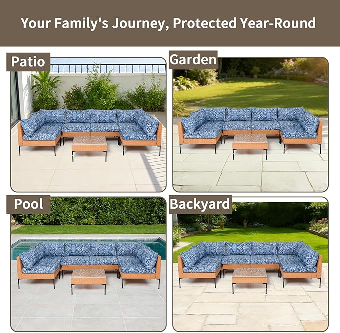 14Piece Outdoor Sofa Cushion Replacement, Patio Furniture Waterproof Cushion with Zippers, fit 6-Seat Outdoor Wicker Rattan Sectional Couch (Blue Charm, 25.6"x25.6"x3.9")