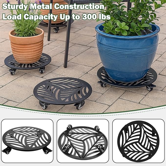 1 Pack 15 inches Extra-Large Metal Plant Caddy with Wheels Heavy-Duty Iron Rolling Plant Stand with Casters Indoor Outdoor Wheeled Plant Roller Base Pot Movers Plant Dolly Coaster Trolley Black