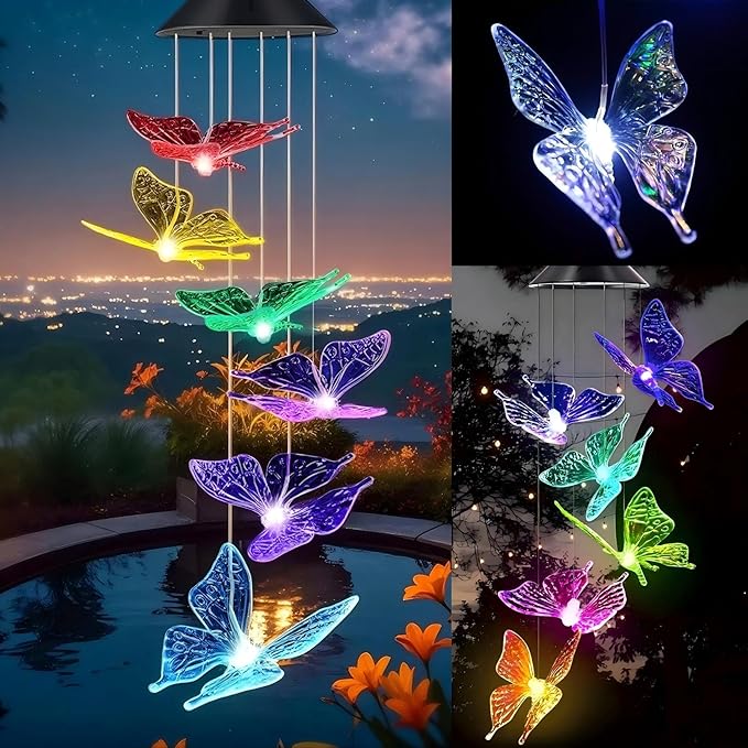 Solar Wind Chimes Outdoor Color Changing Lights,Solar Butterfly Gift for Women Mom Grandma,Waterproof Outdoor Solar Powered Lights for Garden Patio Yard Home Decor
