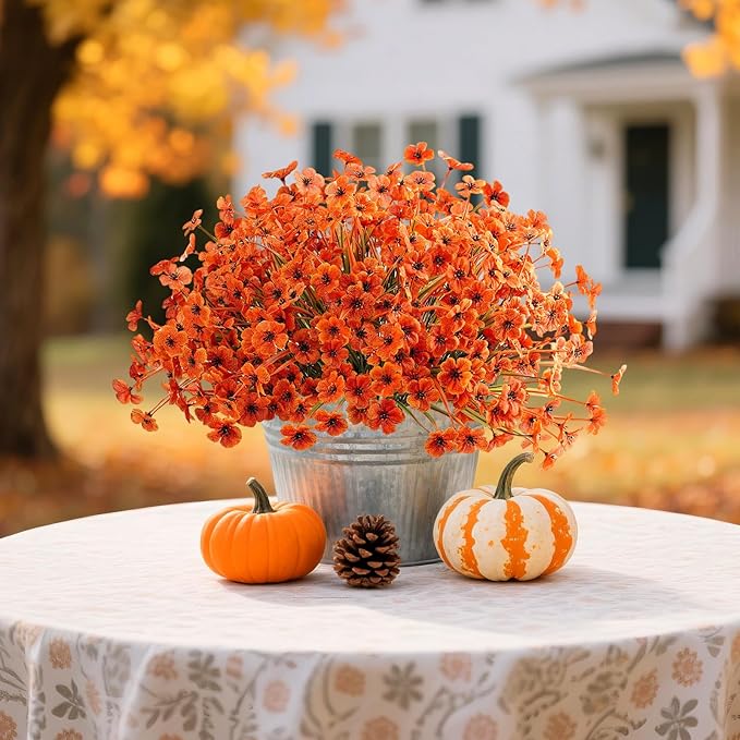Artificial Mums Fall Fake Flowers for Outdoors, 12 Bundles Faux Mums for Outdoor Planters Autumn Decorations,UV Resistant Silk Flowers for Front Porch Garden Patio Home Decor(Fall-Orange)