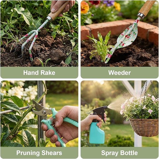 Heavy Duty Garden Hand Tools Set Gardening Hand Tools for Women Gardening Tool Set Gardening Gifts Gardening kit for Women (Light Green)