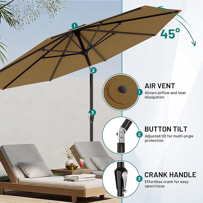 AreShark 9 FT Patio Umbrella for Outdoor, Outdoor Table Umbrella with Push Button Tilt and Crank, Outdoor Patio Umbrellas with 8 Sturdy Ribs for Market, Garden, Pool (Khaki)