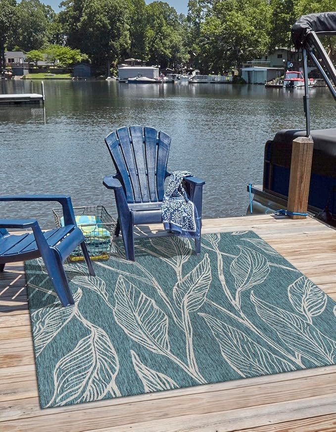 Unique Loom Outdoor Botanical Collection Area Rug - Leaf (13' Square, Teal/ Ivory)