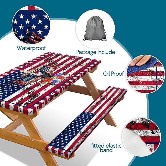 Picnic Table Cover with Bench Covers Elastic Edges, American Flag Eagle Fitted Table Cover, Camping Outdoor Patio Essentials 72 Inch 3PCS Fitted Tablecloth with Drawstring Bag
