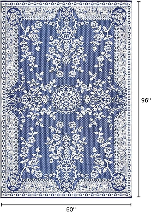Mad Mats Traditional Outdoor Rug, Reversible Plastic Mat (5' x 8', Oriental Garland - Blue/White)