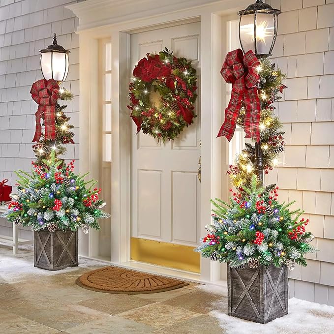 Set of 2 18 Inch Lighted Outdoor Christmas Tree with Remote, Timer, Multi-Color Lights, Battery Operated Pre-lit Frosted Pathway Artificial Urn Filler, Christmas Porch Decorations for Home Porch Yard