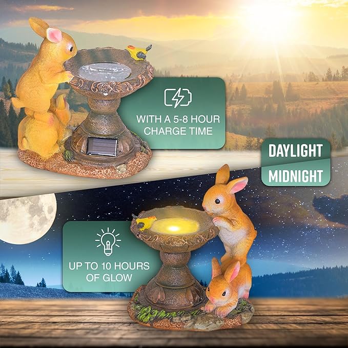 Banax Solar Rabbit Bird Bath for Garden, Ornaments Outdoor Statue Garden Gifts Waterproof Resin Sculpture with Solar Lights Outdoor Ornament for Christmas Decorations & Home Decor