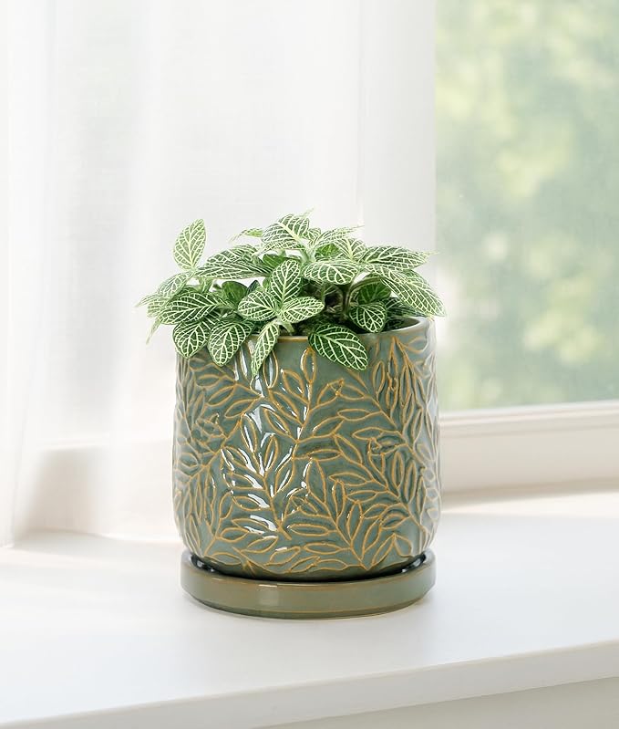 D'vine Dev 4 Inch Embossed Leaves Stoneware Planter Pot with Drainage Hole and Saucer, Olive, 27-A-Z-0