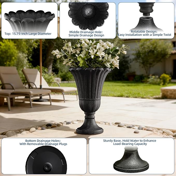 Tall Plastic Urn Planters for Outdoor Plants Set of 2-23.6" H Classic Petal Design Indoor Large Flower Pots with Drainage Holes, Outdoor Planters for Porch Decor/Garden Vase, Black