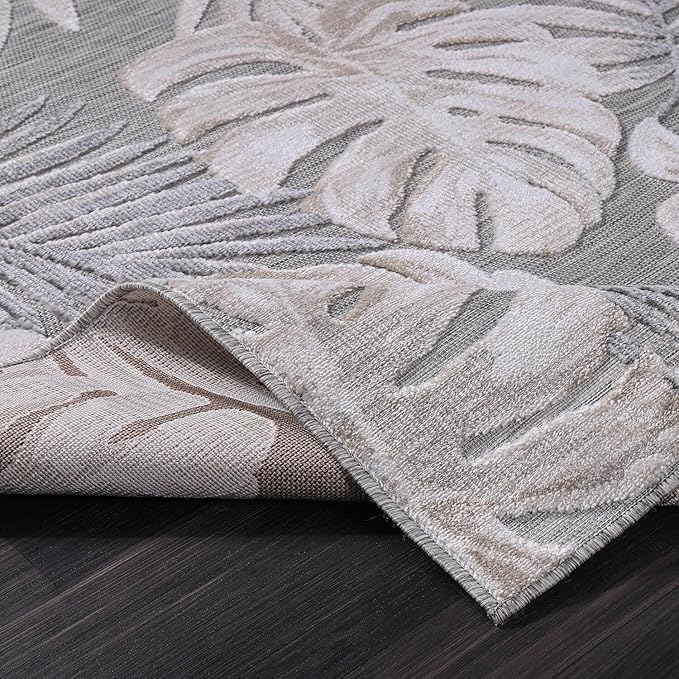 CAMILSON Indoor Outdoor Rug, Beige 6’x9’ Leaf Tropical Botanical Area Rugs for Indoor and Outdoor patios, Easy-Cleaning Non-Shedding Living Room, Garden and Kitchen Washable Outside Carpet (6x9)