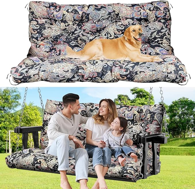 60" Porch Swing Cushion with Backrest, Waterproof Outdoor Bench Swing Cushions 3 Seater Replacement Thickened Swing Cushions with Ties for Patio Garden Backyard,Vintage Paisley,60x40in
