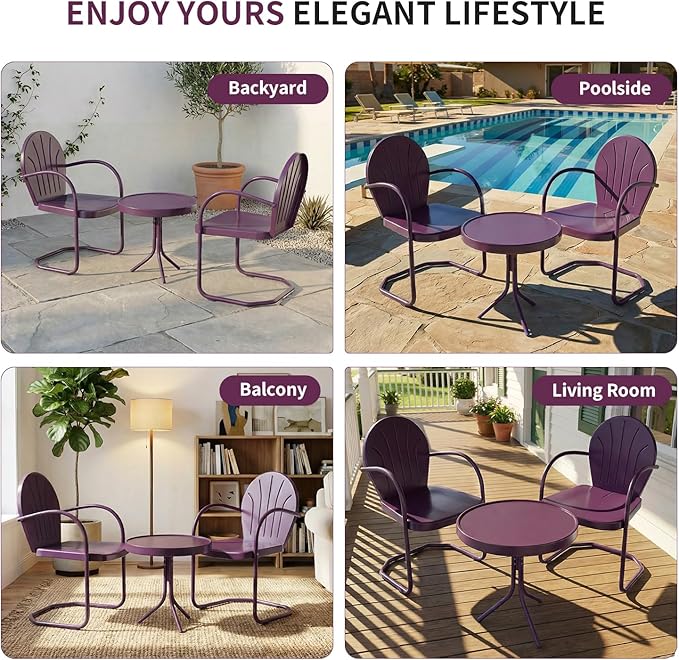Patio Bistro Set Retro Metal Outdoor Seating Conversation 3 Pieces, 2 C-Spring Motion Armchairs and Round Side Table, for Porch, Lawn, Garden, Purple