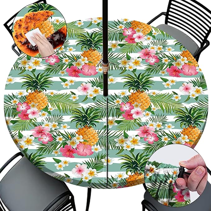 Round Fitted Outdoor Heat Resistant Waterproof Tablecloth with Umbrella Hole and Zipper for 45-54" Tables Outside Accesorios Para Picnic Camping Roadtrip Trips Bbq Needs Useful Holiday Gifts