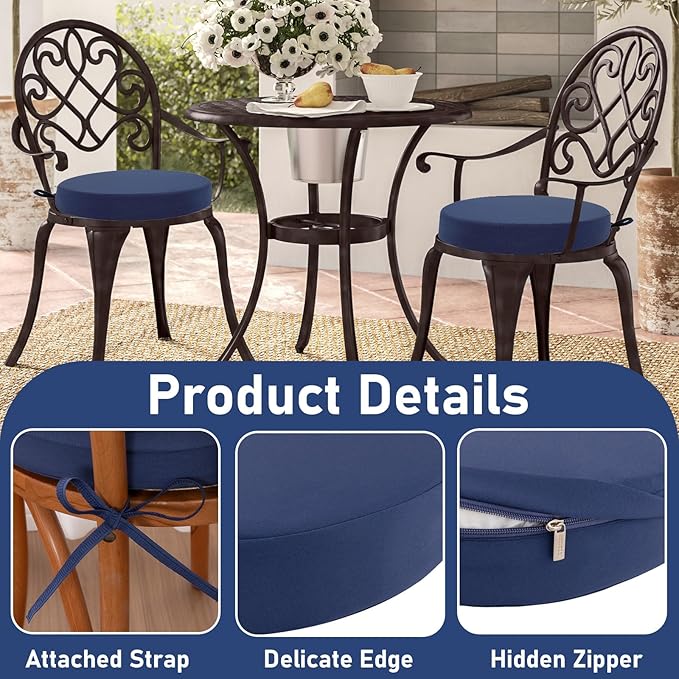 Topotdor Outdoor Bistro Chair Cushions Set of 2, 15"x15"x3" Waterproof Patio Chair Cushions for Outdoor Furniture, Round Outdoor Seat Cushions Color Fastness Chair Pads with Ties, Royal Blue