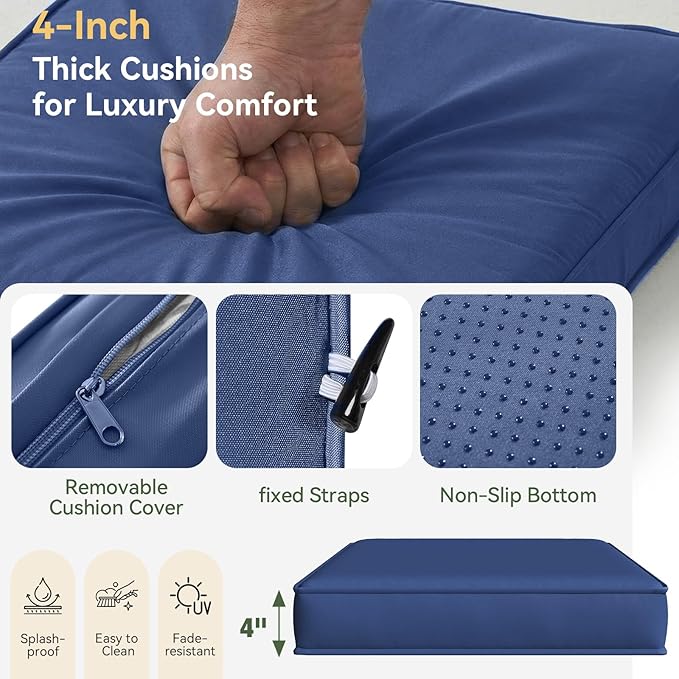 Aoxun Patio Furniture Cushions for Outdoor Furniture Set of 4, Thick Replacement Patio Couch Cushion for Outdoor Furniture, 7-Piece Splashproof Fade Resistant Outdoor Couch Cushions, Navy Blue