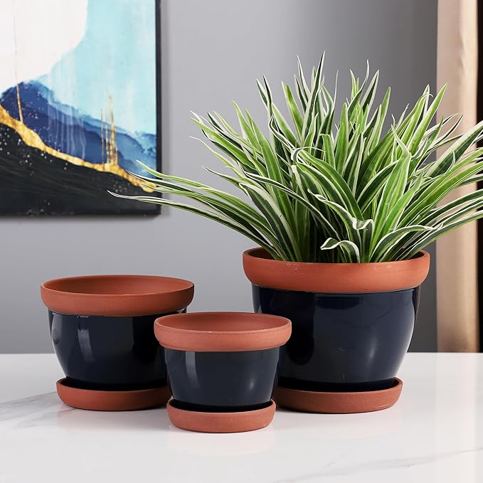 Yishang Glazed Terracotta Pots with Saucers, Set of 3, 5", 6", and 7" Sizes, Ceramic Clay Planter Pots with Drainage Holes - Black