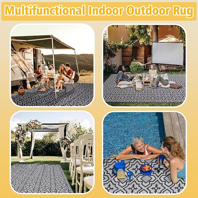 Outdoor Rug 9x18 Waterproof Large Outdoor Rug Camping Rug Reversible Rv Mats Black Gray Outdoor Plastic Straw Rug Tightly Woven Rugs Clean Easily Large Patio Mat for RV, Deck, Camping Rv Essentials