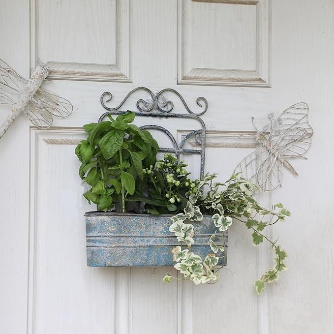 Vintage Rustic Wall Planter Distressed Grey Decor Iron Hanging Plant Basket Shabby Metal Wall Mounted Flower Holder Pot Stand for Indoor Outdoor Home Balcony Patio Farmhouse Garden Decorative Blue