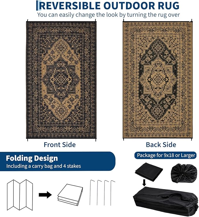 COZYLOOM Outdoor Plastic Straw Rug 9x18 Waterproof Reversible Plastic Straw Mat, Large Patio Rugs Vintage Medallion Area Rug for Deck, Balcony, Camping, Beach, Picnic, Indoor/Outdoor Use