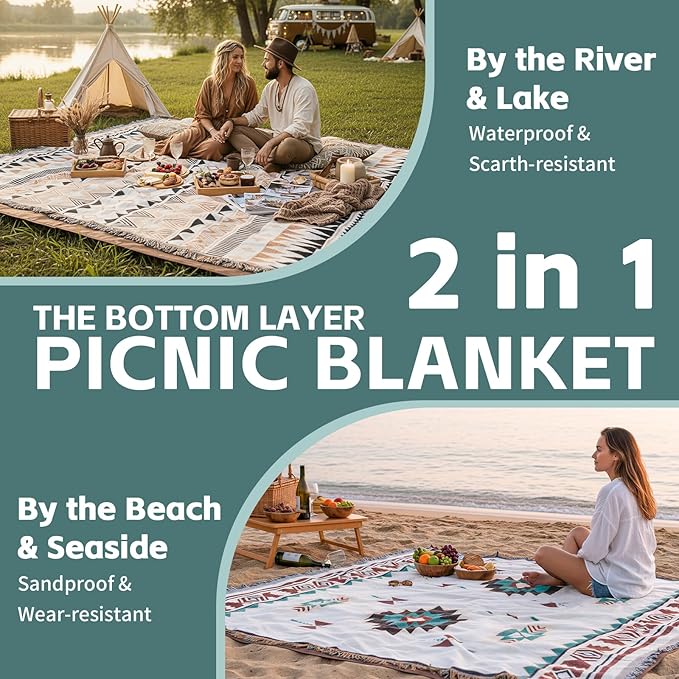 2 in 1 Extra Large Outdoor Picnic Blanket Camping Mat Lightweight Oversized Giant Turkish Boho Beach Mexican Serape Baja Cobijas Mexicanas para Mesa Park Stadium Outside Festival Grass Hammock