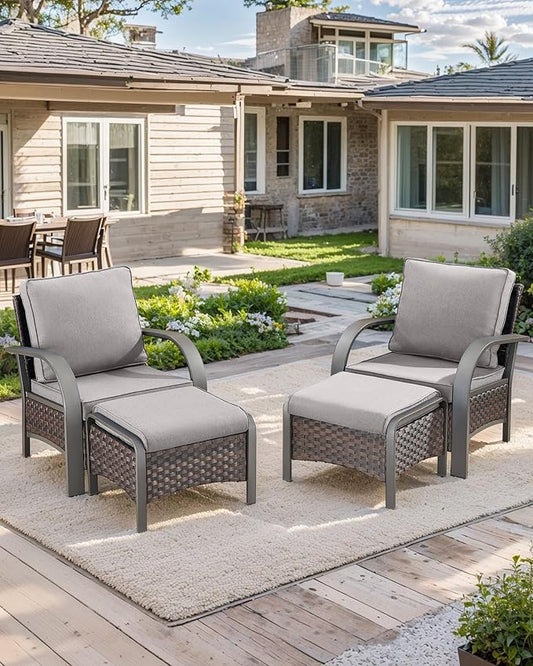 HUMMUH Outdoor Wicker Chairs Set of 2-All Weather Rattan Wicker Patio Chairs with Ottoman Small Outdoor Furniture Set for Deck Porch Garden Poolside Backyard-Brown/Grey