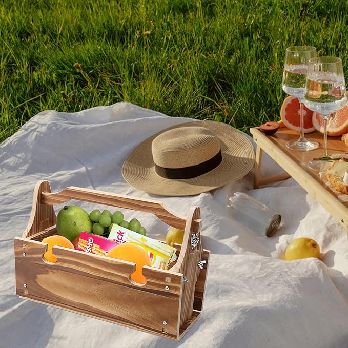 Yuehuam 2 in 1 Folding Wooden Picnic Basket Table, Wooden Outdoor Folding Picnic Table with 4 Glass Holder for Romantic Camping Park, Party, Garden Concerts