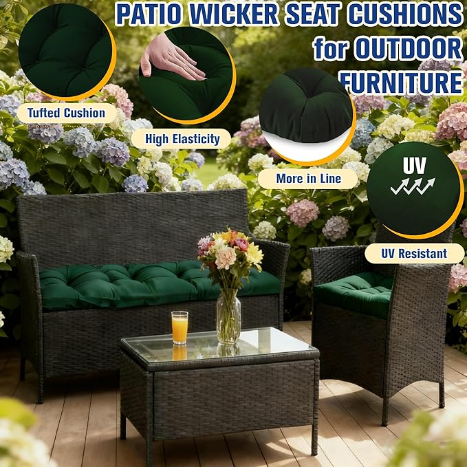 Wicker Chair Cushions Set of 3, Waterproof Outdoor Cushions Set for Patio Furniture, 1 Loveseat & 2 Seat Pads, Thick Outdoor Replacement Cushions for Porch Lawn Bench Couch Sofa, Emerald