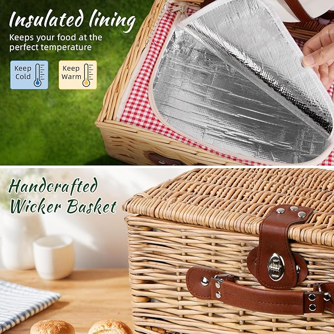 Picnic Basket for 2 with Waterproof Picnic Blanket, Wicker Picnic Set Kit with Cooler for Beach, Insulated Picnic Baskets, Bridal Shower Gift Wedding Gifts with Mr Mrs Wine Glasses and Greeting Card