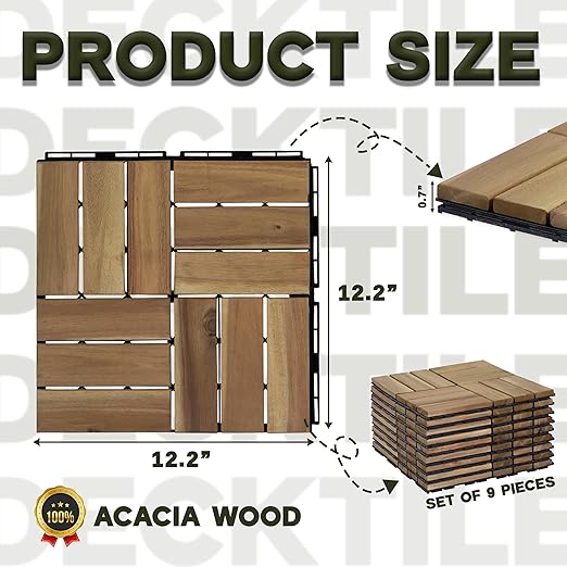 Acacia Wood Flooring Interlocking Deck Tiles for Patio Decor 9 Pcs 12 Slats VR White Oak - Waterproof Indoor & Outdoor Decor - Balcony Garden Decking Tile (12.2 * 12.2 * 0.7 inches)