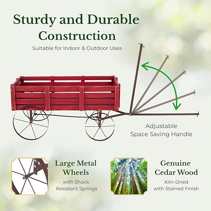 Shine Company Decorative Buckboard Wagon Garden Planter, Wooden Wagon Yard Décor for Outdoor Plants, Red