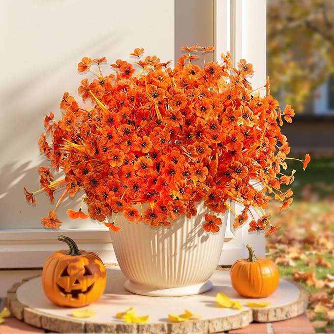 Artificial Mums Fall Fake Flowers for Outdoors, 12 Bundles Faux Mums for Outdoor Planters Autumn Decorations,UV Resistant Silk Flowers for Front Porch Garden Patio Home Decor(Sunset Orange-red)