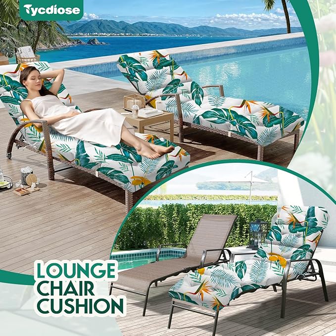 All Weather Chaise Lounge Cushions Outdoor Lounge Chair Cushion, Memory Foam Chaise Lounger Chair Cushion Waterproof for Outdoor Patio Furniture with Non-Slip Back and Ties, Yellow-Green Leaf