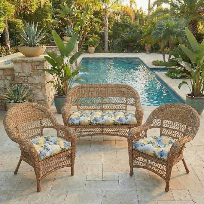 RSH DECOR: 3-Piece Wicker Tufted Cushion Set | 44" x 22" Loveseat & 22" x 22" U-Shapes | Outdoor Replacement Cushions | Water & Fade-Resistant Spun Fabric | Made in USA (Pellp Baltic)