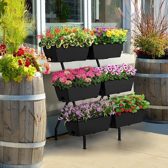 Raised Garden Beds Outdoor with 6 Garden Planter Boxes Freestanding Vertical Raised Bed for Gardening with Legs, Elevated Herb Garden Planter with Water Drainage for Patio, Balcony, Backyard, Black