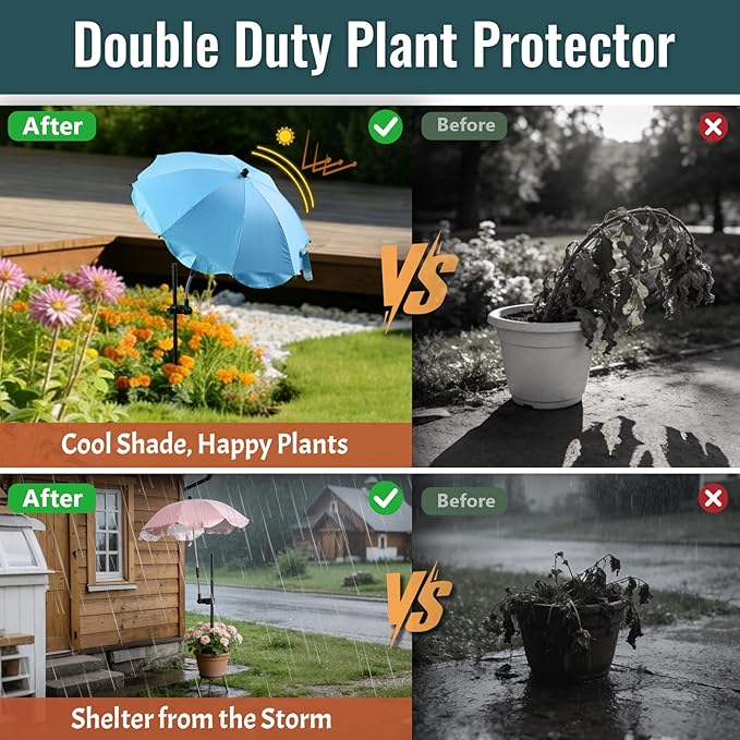 3 Pack Plant Umbrellas for Outdoor Plants, 24" Larger Flower Umbrella with Continuously Adjustable Height & Angle, Shade for Plants, 54" Higher Plant Umbrella for Potted Plants, Flowers, Garden Beds