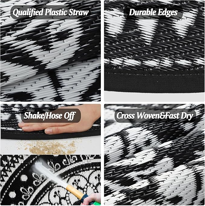 Cekene Round Outdoor Rugs for Patio 10Ft Waterproof Reversible Outdoor Patio Rugs Black Lightweight Plastic Straw Rugs Portable RV Camping Mat Floor Carpet for Deck Porch Picnic BBQ