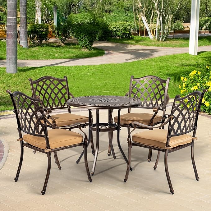 VINGLI Patio Chairs Set of 4- Stackable Outdoor Cast Aluminum Dining Chairs with Vintage Bronze Finish and Diamond Pattern, Metal Armchairs for Poolside, Backyard, Balcony (with Cushion)
