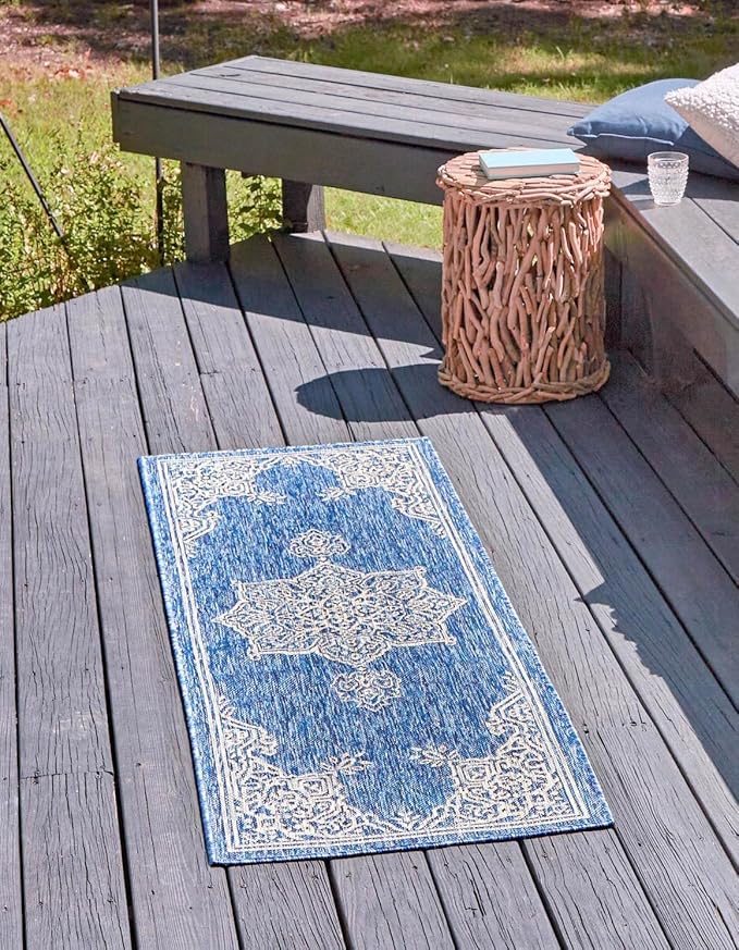 Unique Loom Outdoor Traditional Collection Area Rug - Antique (2' 7" x 10' Runner Blue/Ivory)