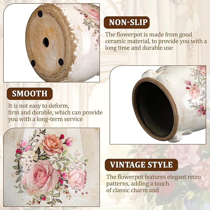 Ceramic Scroll Planter 6.5 Inch Chinoiserie Floral Vase with Drainage Holes Vintage Flower Vase Flower Pot Rustic Ceramic Pots for Indoor Plants Garden Home Bookshelf Decor(Ink Color)