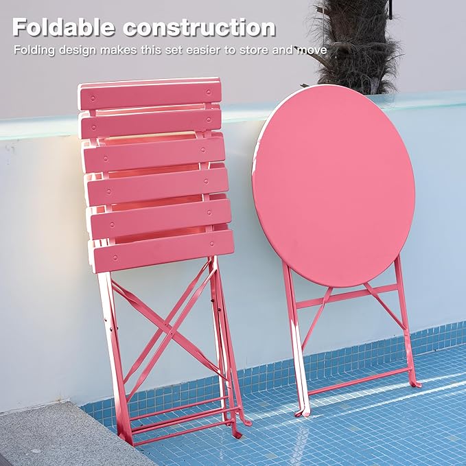 3 Piece Bistro Set, Folding Patio Furniture Set, Outdoor Table and Chairs Set for Patio, Garden, Balcony and Poolside, Rose Red